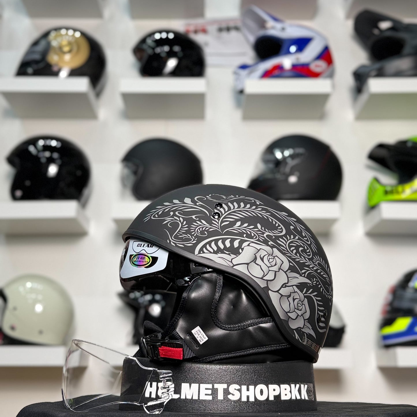 หมวกกันน็อค GMAX HH-65 ROSE NAKED HALF HELMET MATTE BLACK SILVER