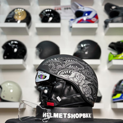 หมวกกันน็อค GMAX HH-65 ROSE NAKED HALF HELMET MATTE BLACK SILVER