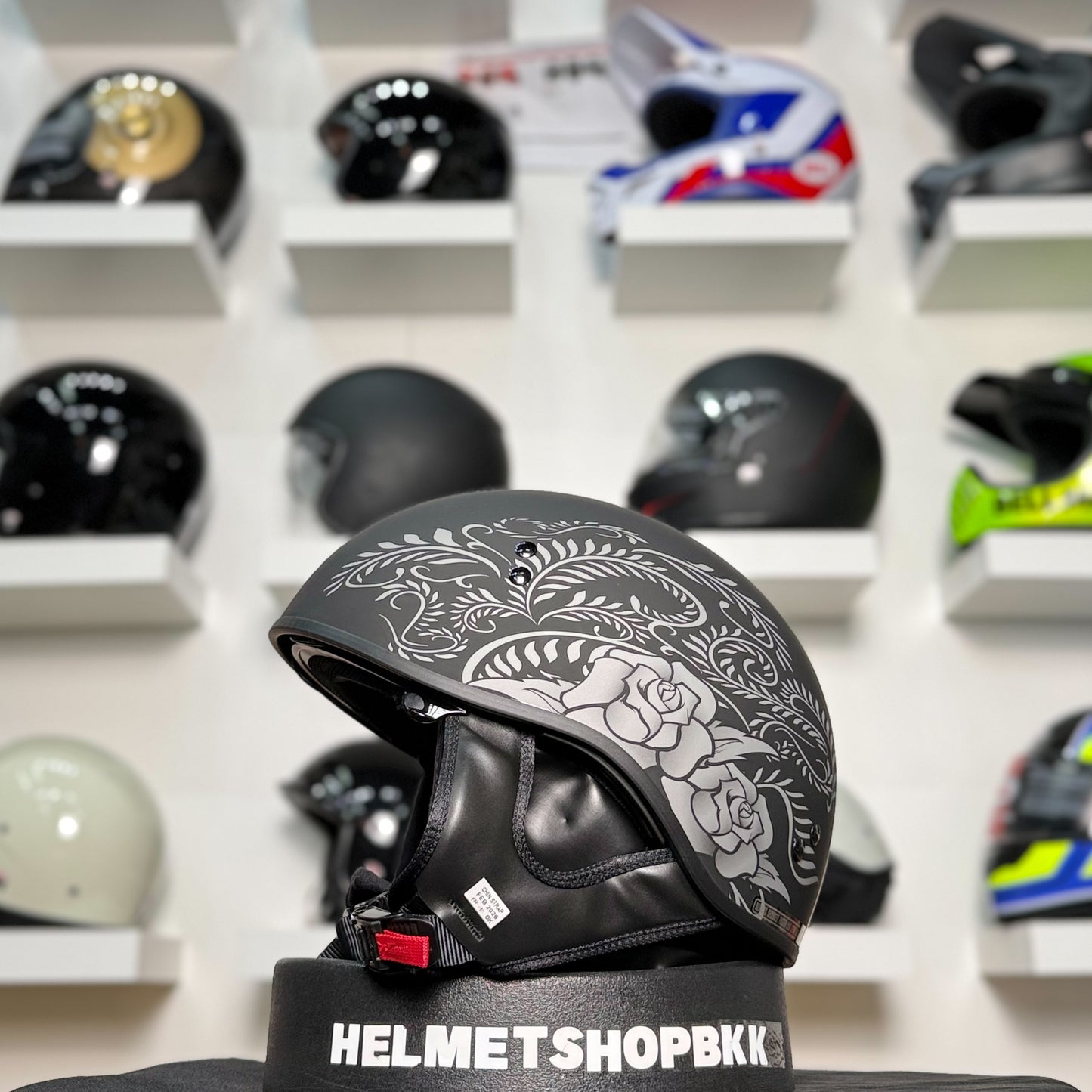 หมวกกันน็อค GMAX HH-65 ROSE NAKED HALF HELMET MATTE BLACK SILVER