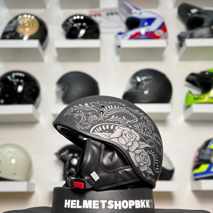หมวกกันน็อค GMAX HH-65 ROSE NAKED HALF HELMET MATTE BLACK SILVER