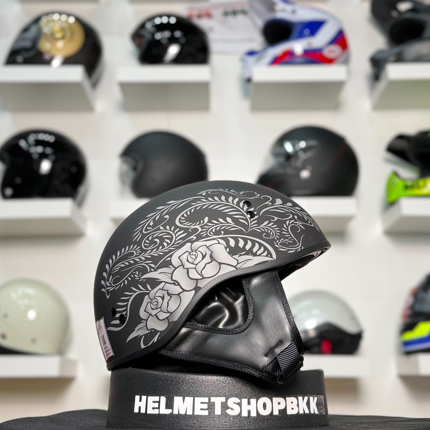 หมวกกันน็อค GMAX HH-65 ROSE NAKED HALF HELMET MATTE BLACK SILVER