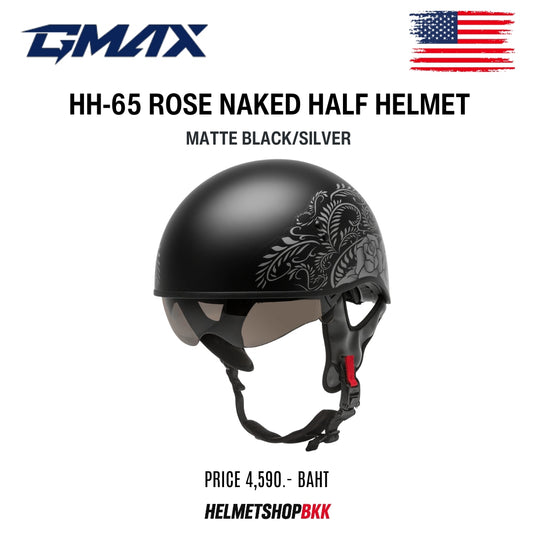 หมวกกันน็อค GMAX HH-65 ROSE NAKED HALF HELMET MATTE BLACK SILVER